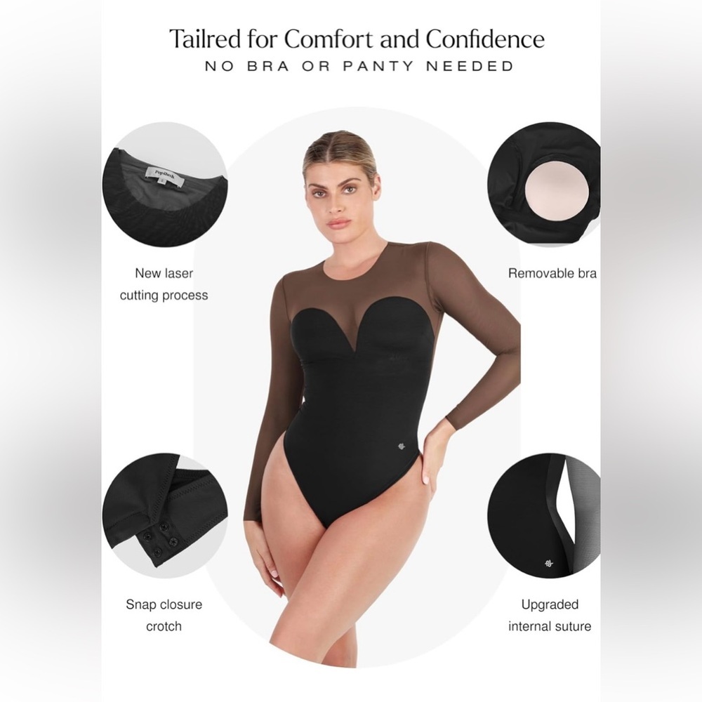 NWT Popilush Sheer Mesh Shapewear Long Sleeve Thong Bodysuit - Picture 5 of 8